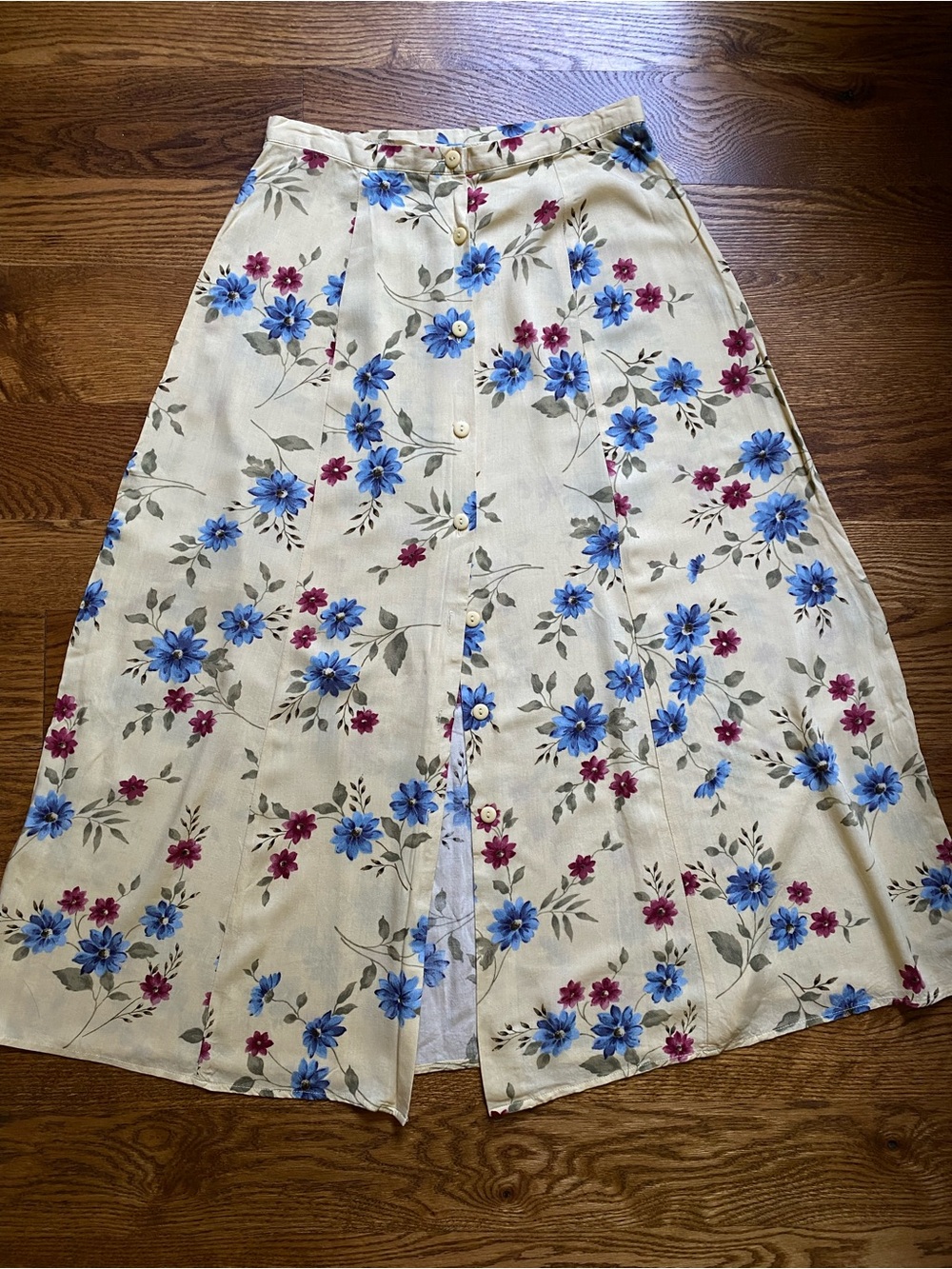 Vintage Pale Yellow Skirt with Blue & Deep Pink Floral Print